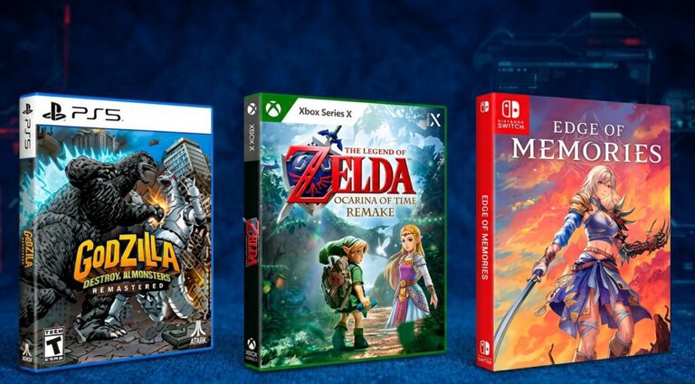 Godzilla: Destroy All Monsters Melee Remastered, The Legend of Zelda: Ocarina of Time Remake  ve Edge of Memories oyunlarının kapaklarının yer aldığı bir görsel oluştur